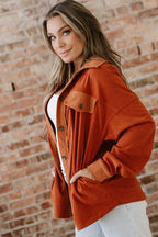 Gold Flame Velvet Flap Pockets Drop Shoulder Casual Shacket