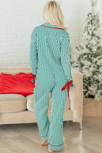 Red Stripe Contrast Velvet Trim Bow Knot Waist 2pcs Pajama Set