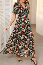 Sky Blue Fiery Floral Print Frilled V Neck Short Sleeve Maxi Dress