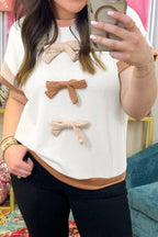 Apricot Bowknot Applique Plus Size Ribbed Top