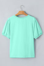 Bonbon Solid Color V Neck Short Puff Sleeve Blouse