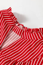 Red Stripe Ruffled Short Puff Sleeve Button Front Blouse