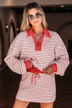 Green Stripe Collared V Neck Drop Shoulder Pullover and Skort 2pcs Outfit