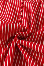 Red Stripe Ruffled Short Puff Sleeve Button Front Blouse