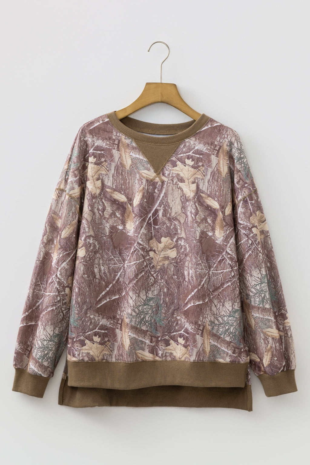 Brown Abstract Camo Print Color Block Detail Baggy Pullover Sweatshirt