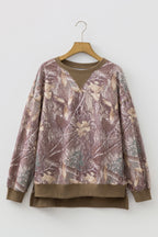 Brown Abstract Camo Print Color Block Detail Baggy Pullover Sweatshirt