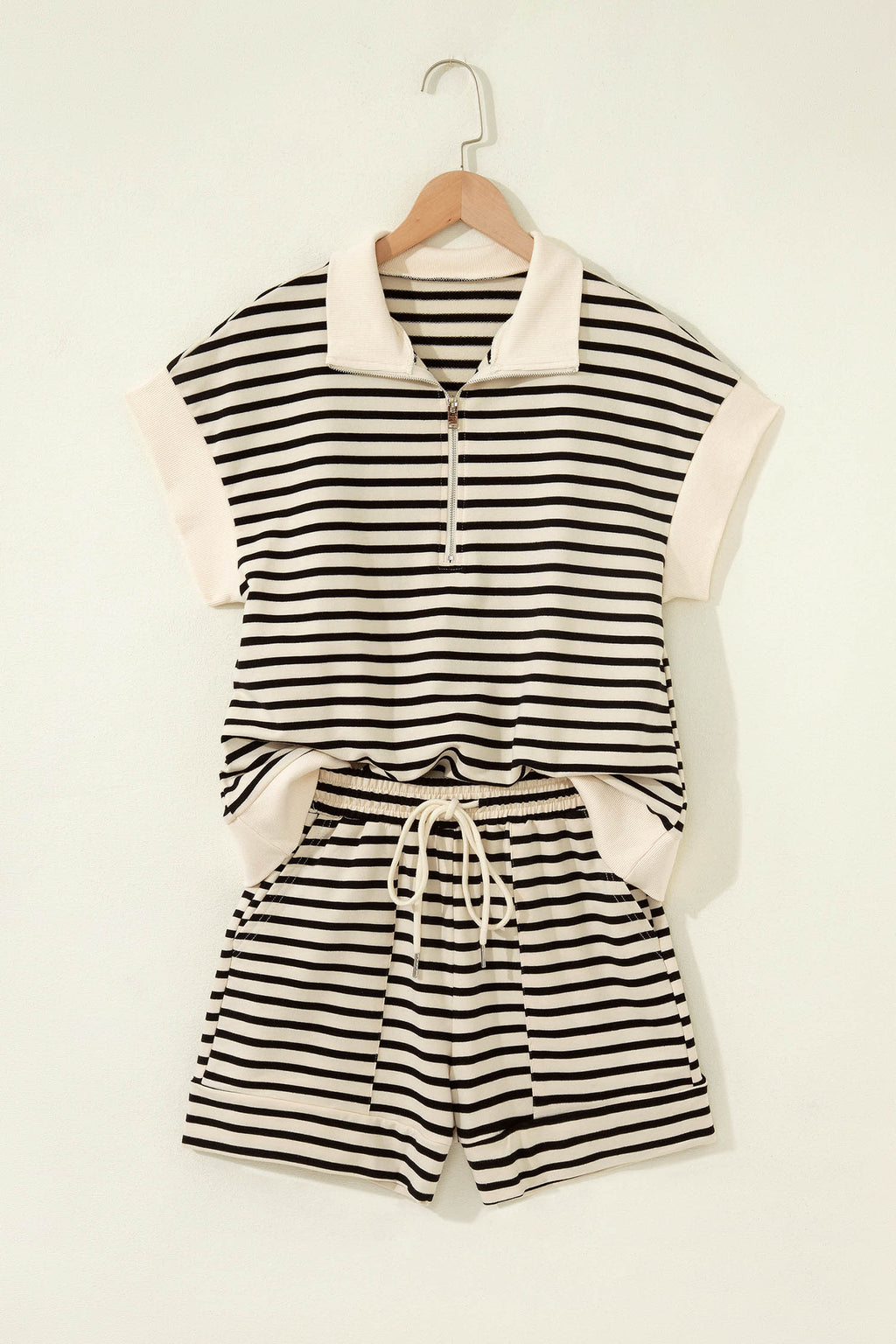 Black Stripe Ribbed Color Block Trim Zip Polo Tee Drawstring Shorts 2pcs Outfit