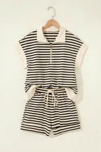 Black Stripe Ribbed Color Block Trim Zip Polo Tee Drawstring Shorts 2pcs Outfit