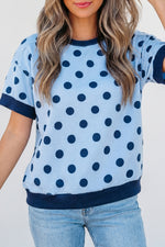 Blue Color Block Trim Polka Dot Casual Tee