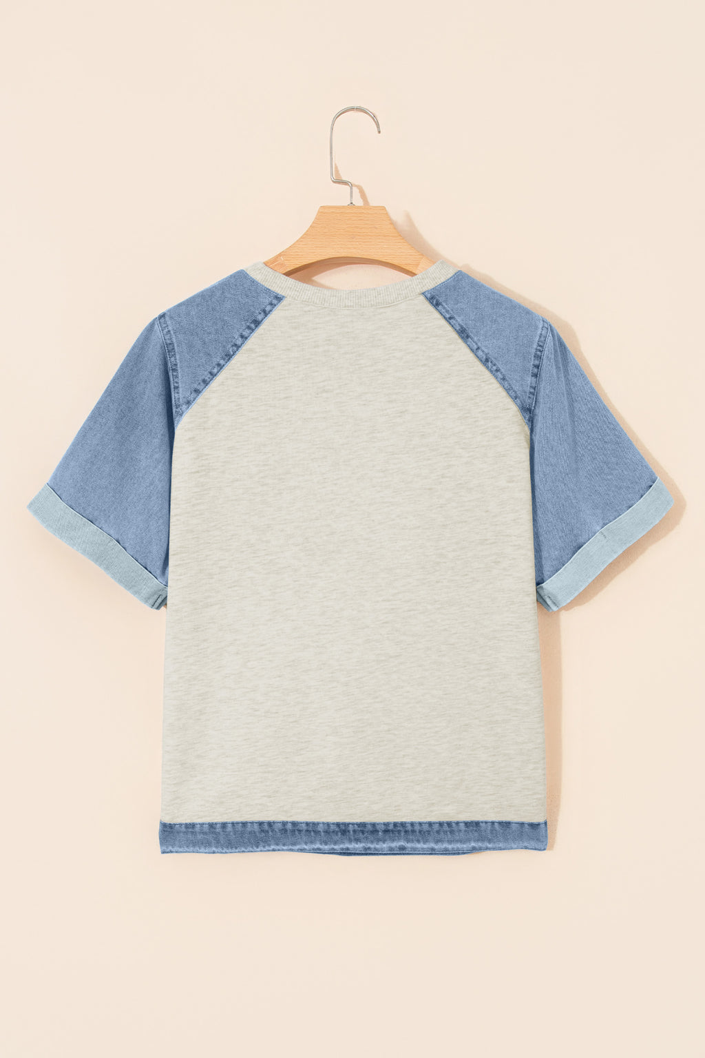 Beige Denim Color Block Patchwork Round Neck Tee