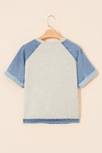 Beige Denim Color Block Patchwork Round Neck Tee