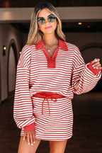 Green Stripe Collared V Neck Drop Shoulder Pullover and Skort 2pcs Outfit