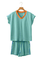 Yellow Stripe Colorblock Trim V Neck Tee Drawstring Elastic Waist Short Set