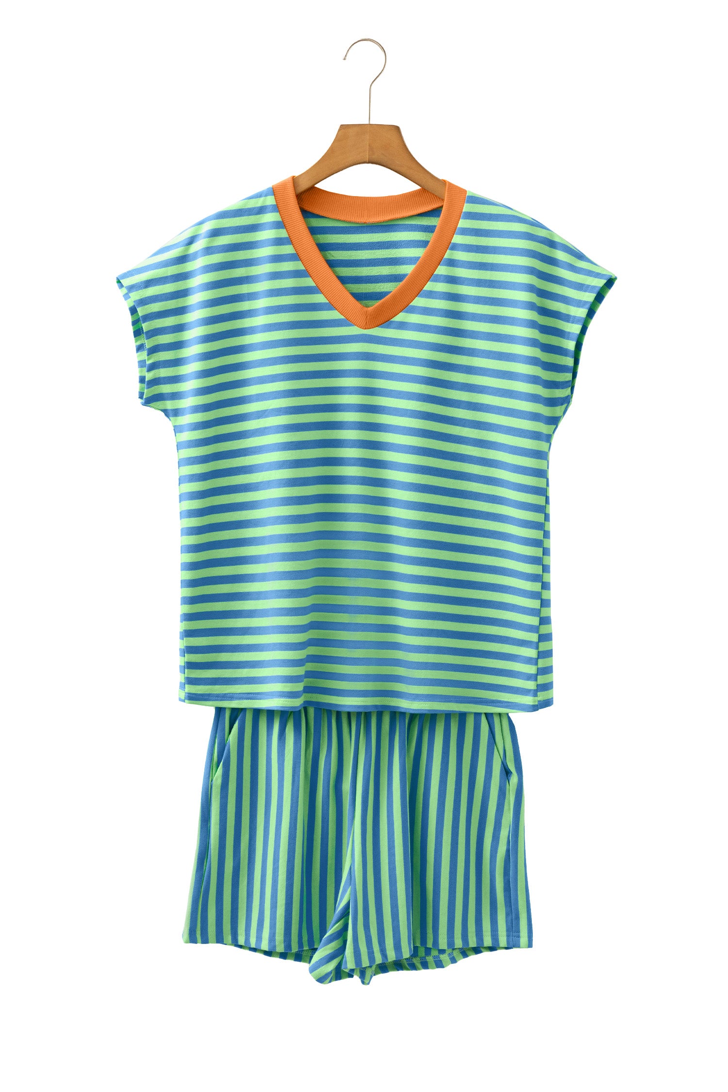 Yellow Stripe Colorblock Trim V Neck Tee Drawstring Elastic Waist Short Set