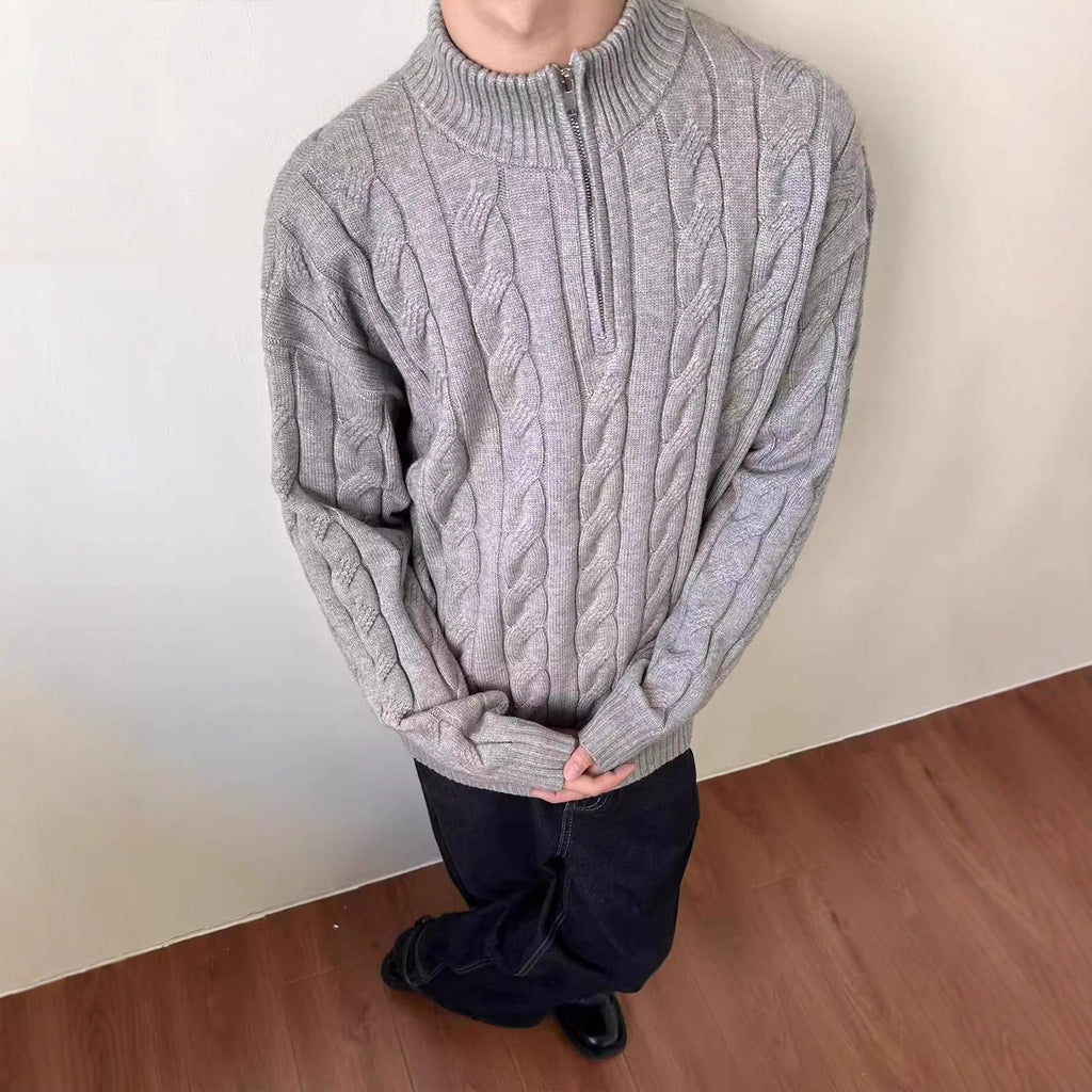Men's Loose Fit Rich Man Hemp Pattern Coarse Knit Sweater