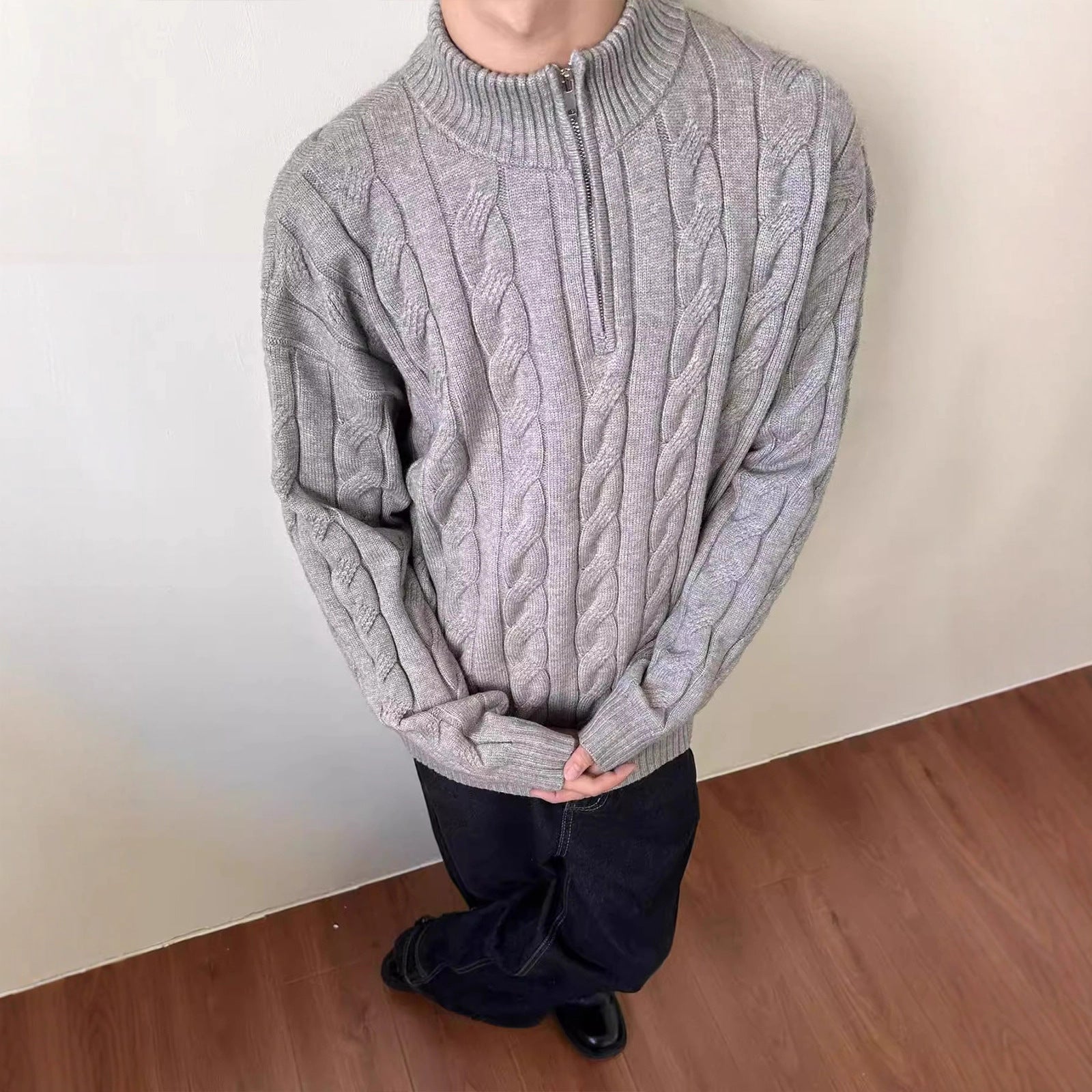 Men's Loose Fit Rich Man Hemp Pattern Coarse Knit Sweater