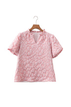 Iceland Blue Floral Textured Jacquard Puff Sleeve Blouse