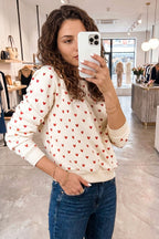 Beige Heart Print Round Neck Long Sleeve Regular Fit Sweatshirt
