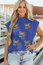 Sky Blue Game Day Sequin Bow High Neck Short Sleeve Top