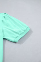 Bonbon Solid Color V Neck Short Puff Sleeve Blouse