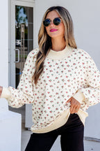 Beige Ribbed High Neck Patchwork Floral Print Baggy Pullover Sweatshirt