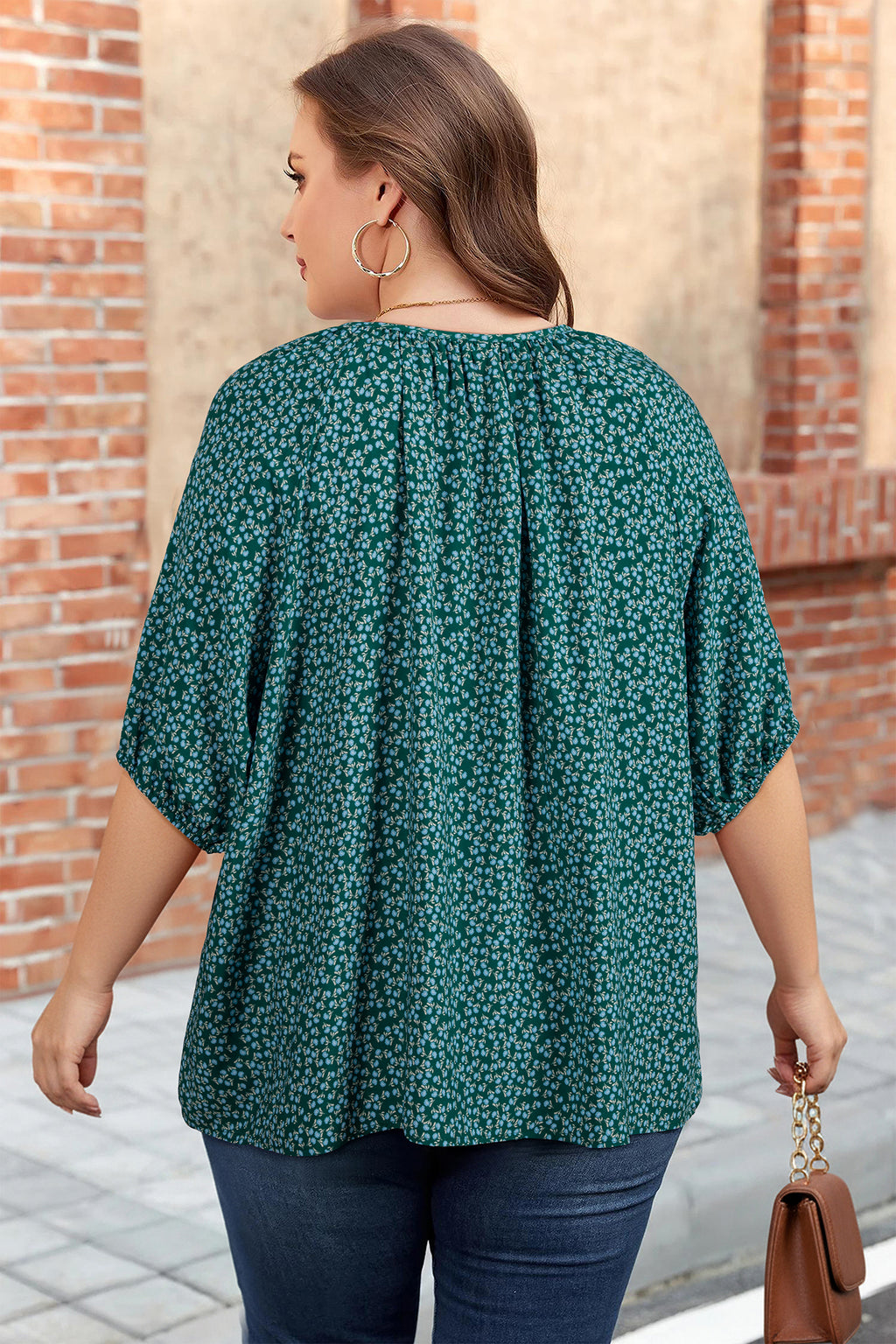 Black Boho Chic Notched V Neck Plus Floral Short Sleeve Top