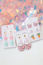 Pink Plaid Bow Easter Bunny Studded Earrings