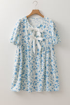 Sky Blue Leopard Contrast Bow Puff Sleeve Mini Dress