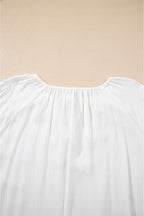 White Floral Embroidered Drawstring V Neck Blouse