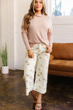 Beige Stylish Mallard Printed Cuffed Hem Shift Jeans