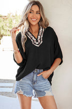 Rose Red Dolman Half Sleeve Leopard Patchwork Trim V Neck Blouse