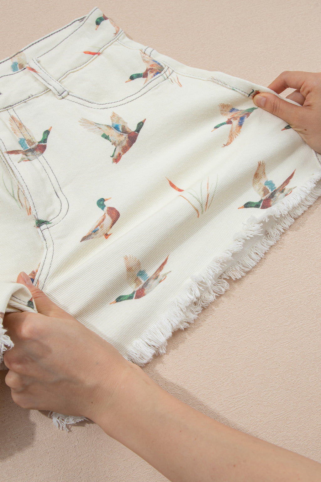 Beige Wild Duck Mallard High Waist Frayed Denim Shorts