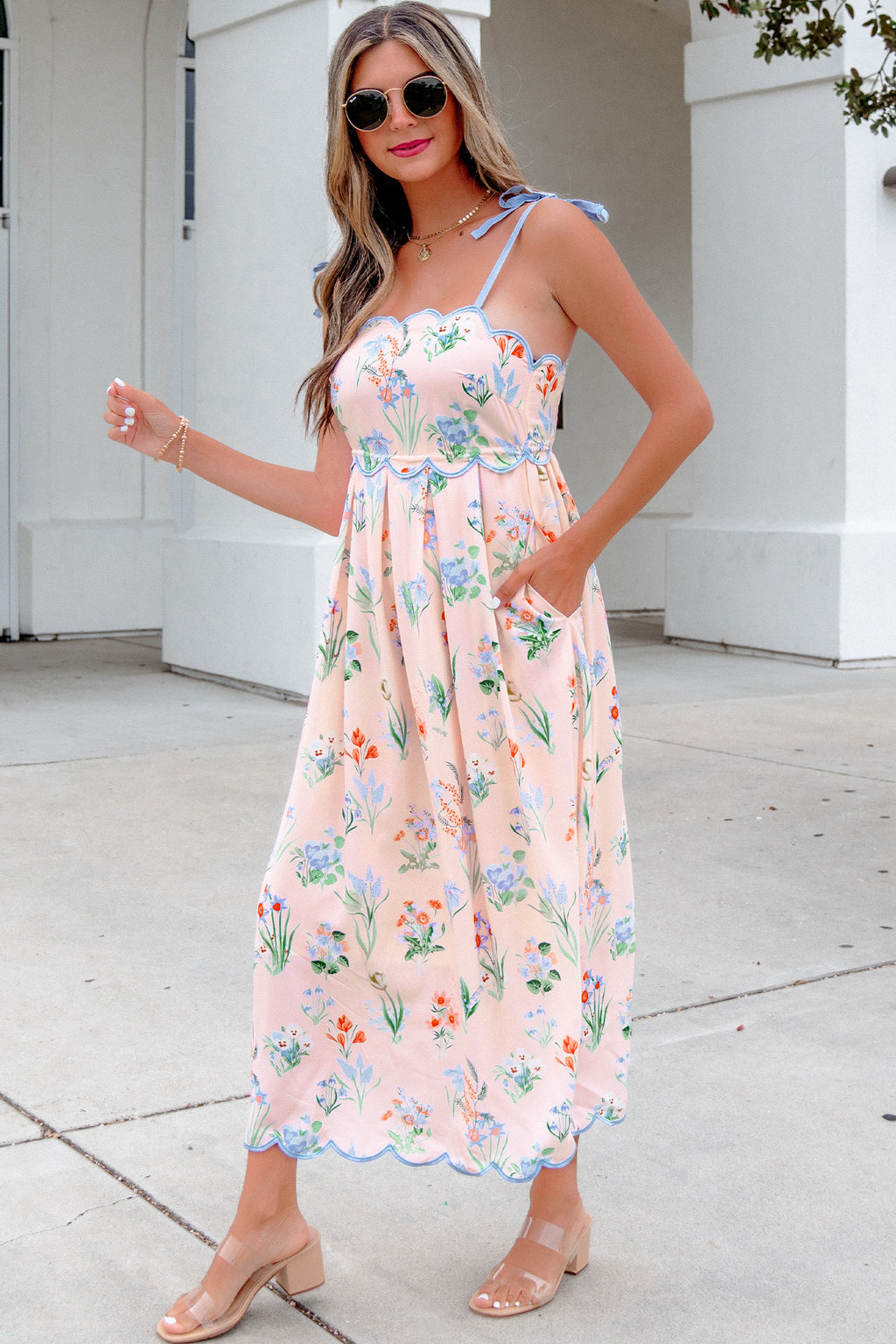 Beige Floral Print Contrast Trim Self-tie Straps High Waist Midi Dress
