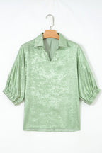 Myosotis Collared V Neck Half Sleeve Metallic Top