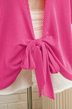 Rose Red Spiral Ribbed Cutout Bow Knot Back Oversize T Shirt