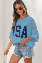 Fiery Red USA Graphic Half Sleeve Loose Ribbed Top
