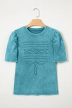Turquoise Mineral Wash Western Embroidered Detail Short Puff Sleeve Cotton Tee