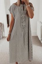 Black Stripe Frilled Detail Half Buttons Short Sleeve Long Dress