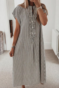 Black Stripe Frilled Detail Half Buttons Short Sleeve Long Dress