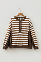 Brown Stripe Exposed Seam Color Block Patchwork Button Placket Sweatshirt