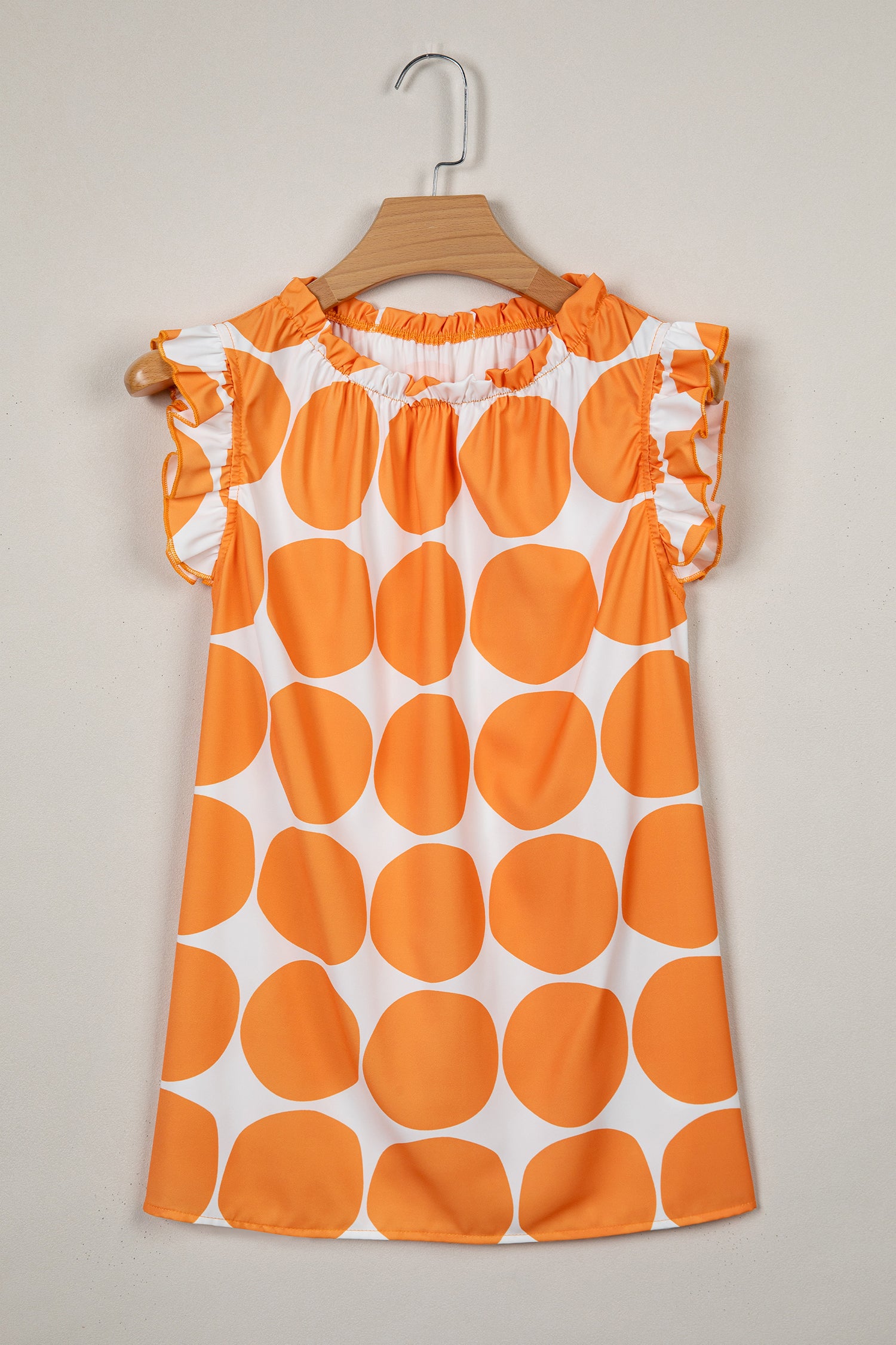 Blue Polka Dot Print Frilled Round Neck Shift Tank Top