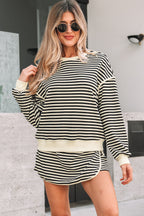 Brown Stripe Textured Drop Shoulder Pullover Top Drawstring Mini Skort Two Piece Dress Set
