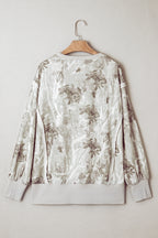 Gray Leafy Camo Print Exposed Seam Patchwork Baggy Slit Sweatshirt