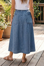 Sky Blue Stripe Button Pintuck High Waist Drawstring Denim Midi Skirt