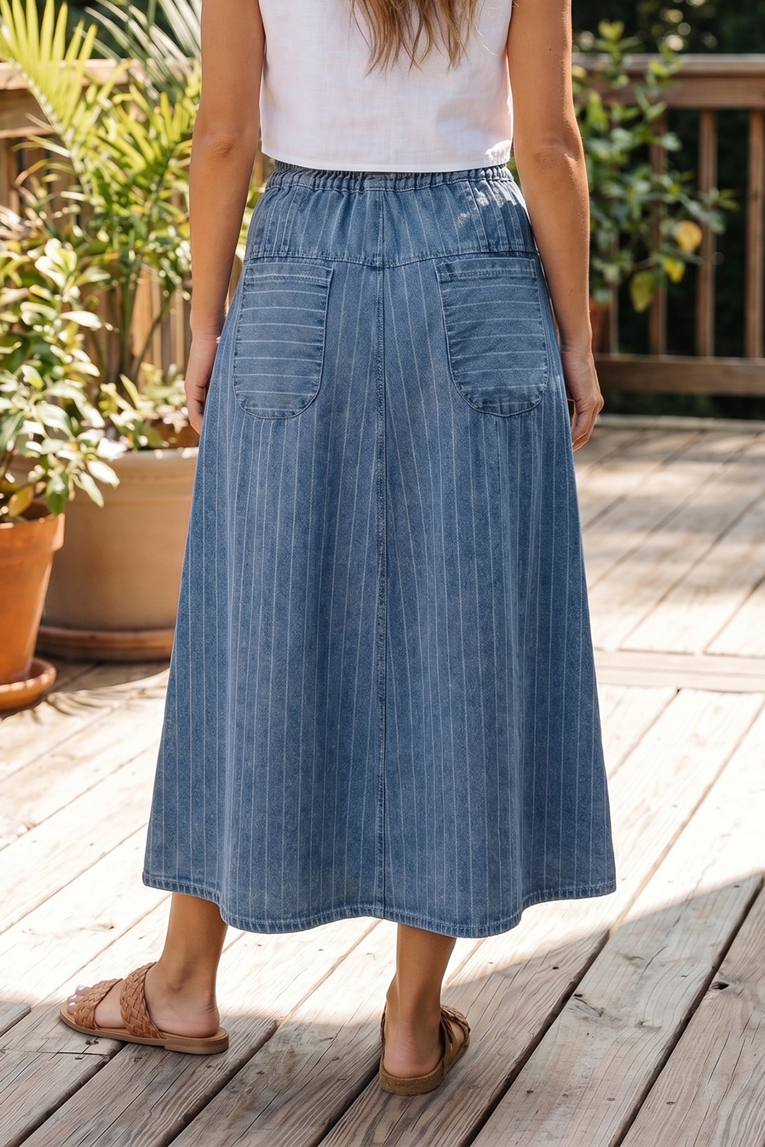 Sky Blue Stripe Button Pintuck High Waist Drawstring Denim Midi Skirt