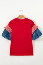 Fiery Red Sequin USA Lettering Patriotic Contrast Splicing Sleeve Top