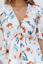 Green Floral Print Puff Sleeve V Neck Babydoll Blouse