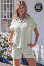 Sky Blue Stripe Dolman Sleeve Polo Shirt and Drawstring Shorts Set