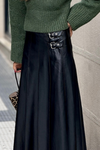 Black Faux Leather Retro Buckle Detail Pleated Stitch Flared Midi Skirt