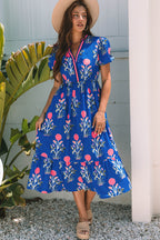 White Floral Puff Short Sleeve V Neck High Waist Maxi Dress